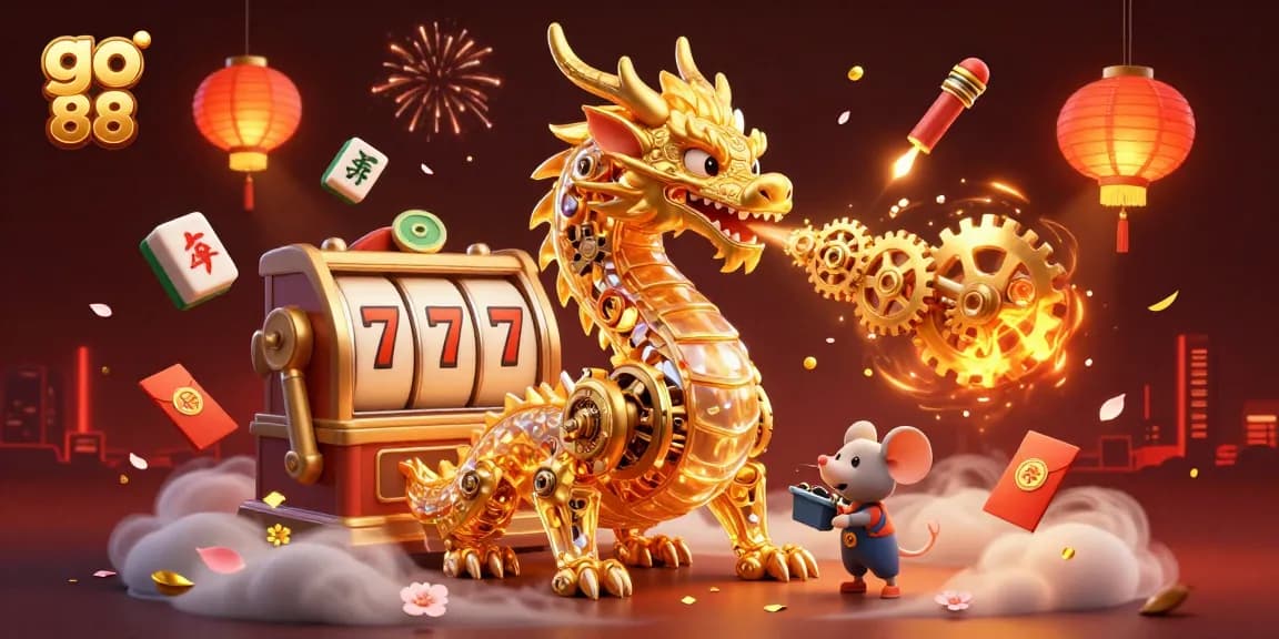 Experience the excitement of go 88 with a golden dragon and dynamic gambling elements in a vivid casino scene.