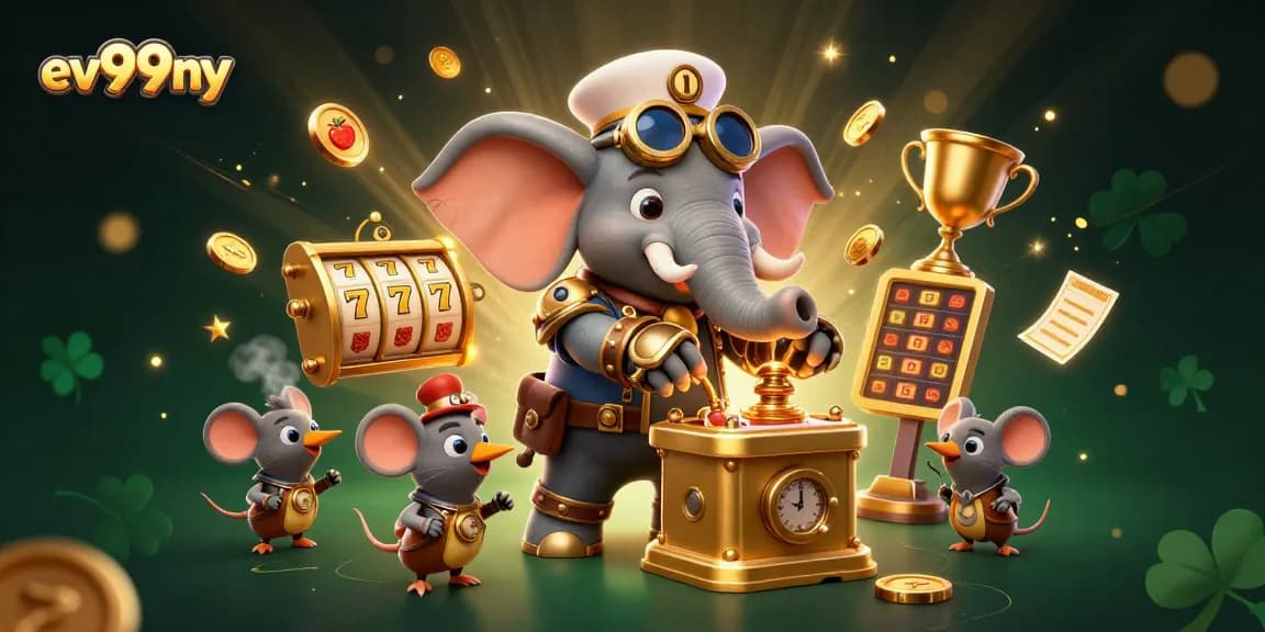 Experience thrilling wins at ev99ny with a steampunk elephant operating a golden slot machine.