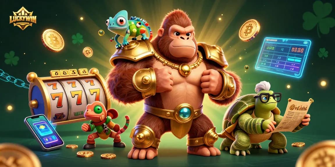 LUCKYWIN showcases a powerful cartoon gorilla king with vivid gambling elements for an exceptional gaming experience.