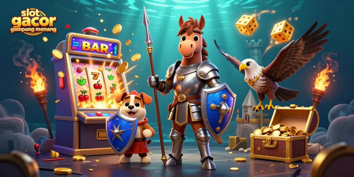 Experience the thrill of slot gacor gampang menang with a whimsical scene of a knight, puppy, and falcon amidst vibrant casino details.