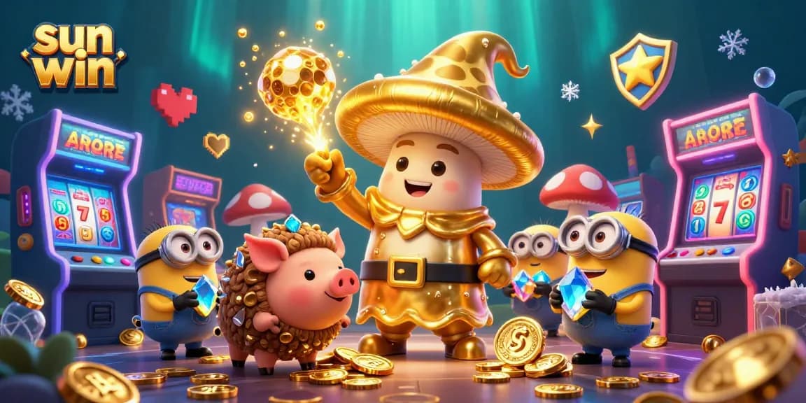 Experience thrilling gameplay with sun win in an ultra-detailed 3D scene full of vibrant characters and casino elements.