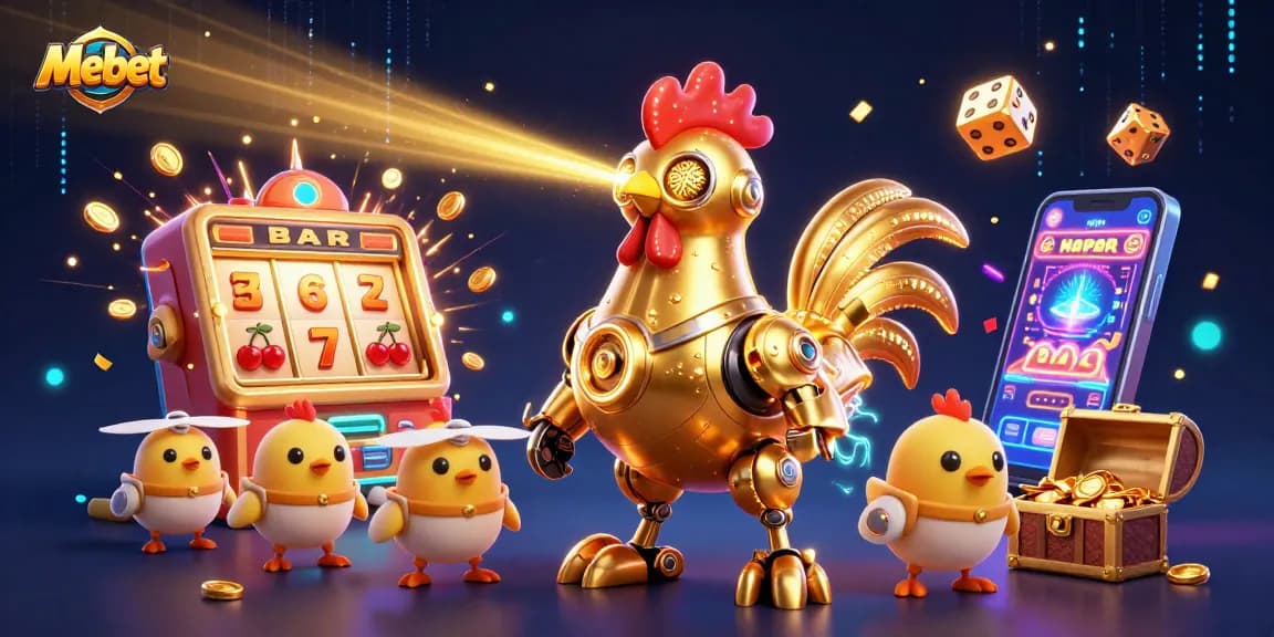 Mebet's vibrant 3D casino illustration showcases a golden rooster robot amidst exciting slot symbols.