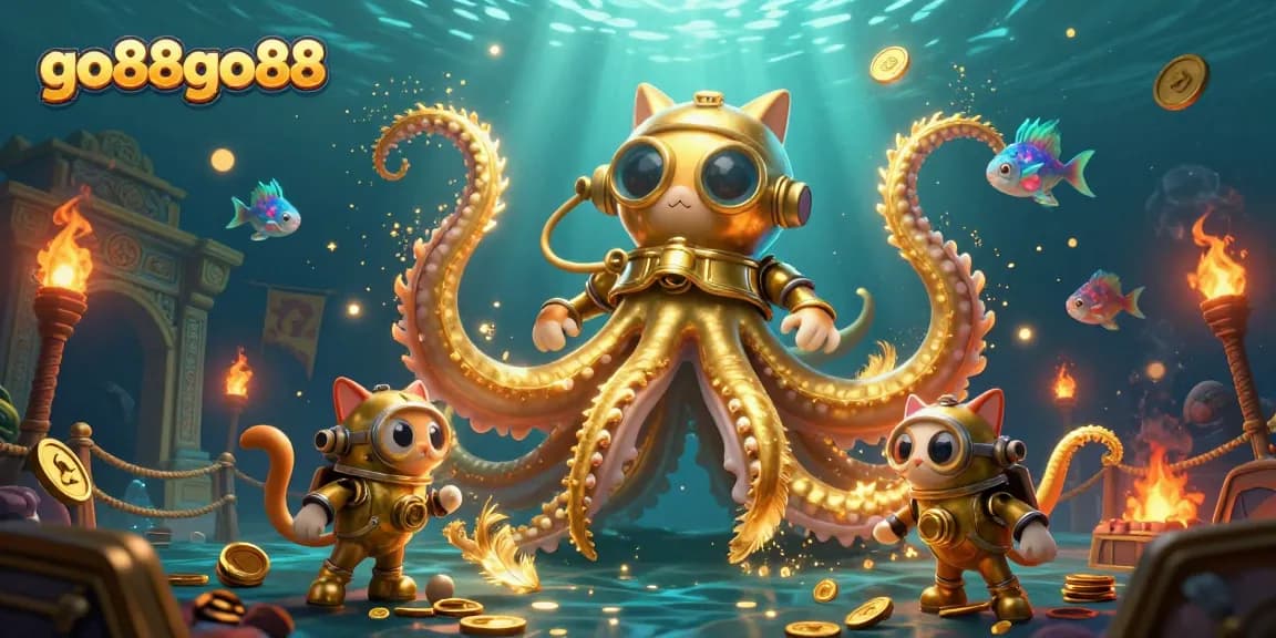 Win exciting prizes at go88go88 with a vibrant underwater casino scene featuring a kraken and a diving cat.