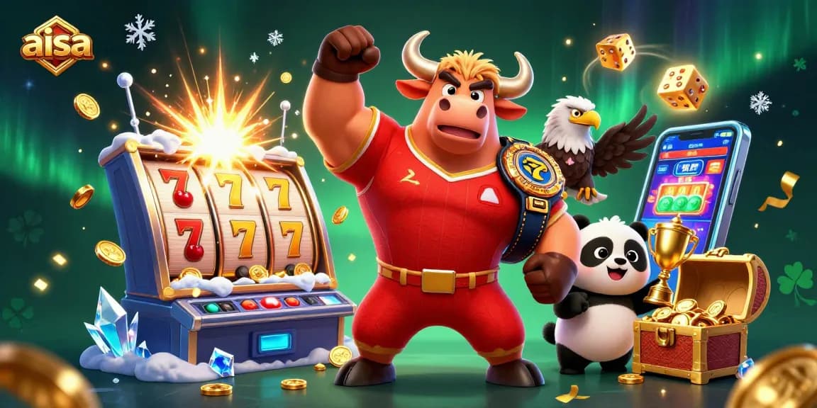 A vibrant casino scene showcasing aisa with a victory bull mascot, eagle, and panda amidst colorful slot elements.