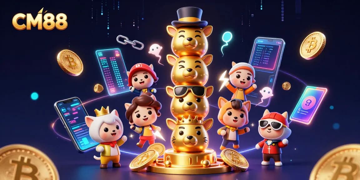CM88 showcases a vibrant 3D illustration featuring a dynamic totem pole surrounded by crypto coins.