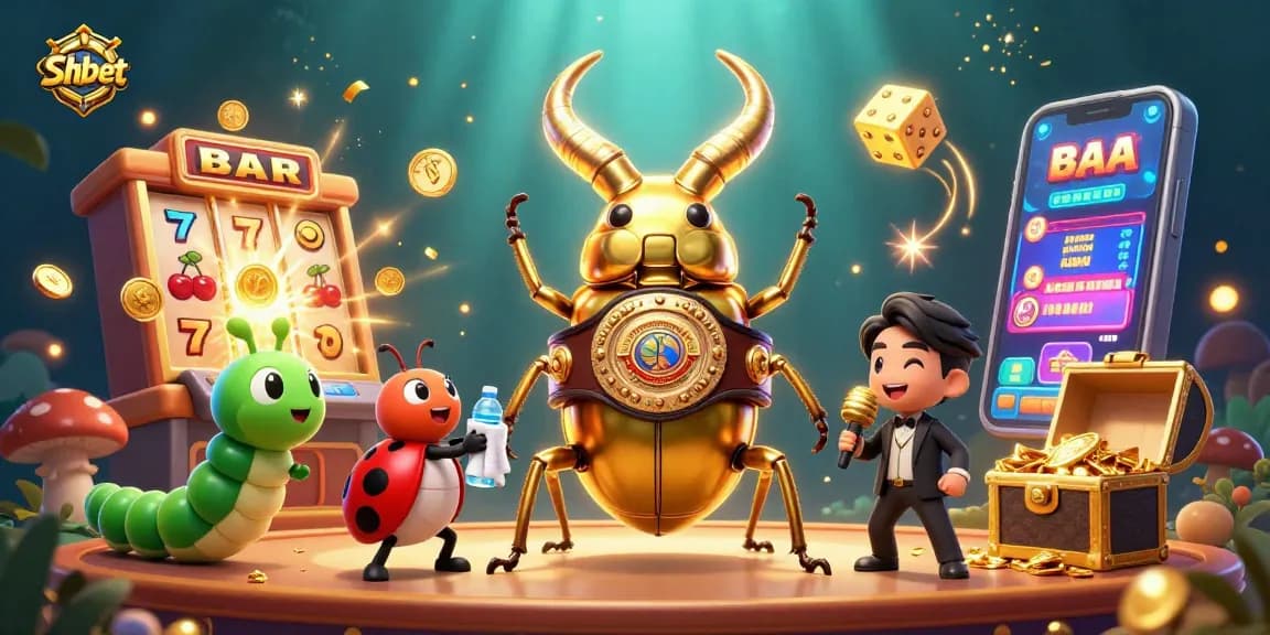 Shbet slots triumph illustrated with a golden stag beetle and vibrant casino elements in dynamic action.