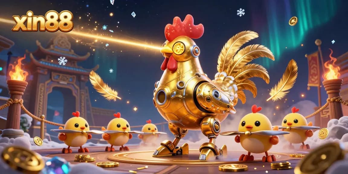 Engage with xin88 in an energetic casino scene featuring a golden rooster robot and chick drones.