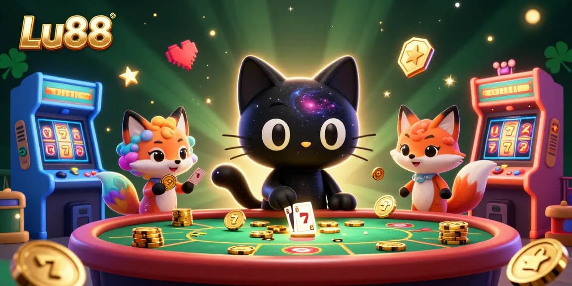 Engage with Lu88 at a vibrant cosmic casino where a black hole cat and nebula fox play with golden chips and lucky symbols.