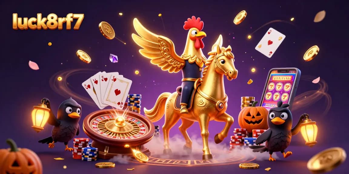 Engage in thrilling gameplay at luck8rf7 with a vibrant casino illustration showing headless horseman and treasures.