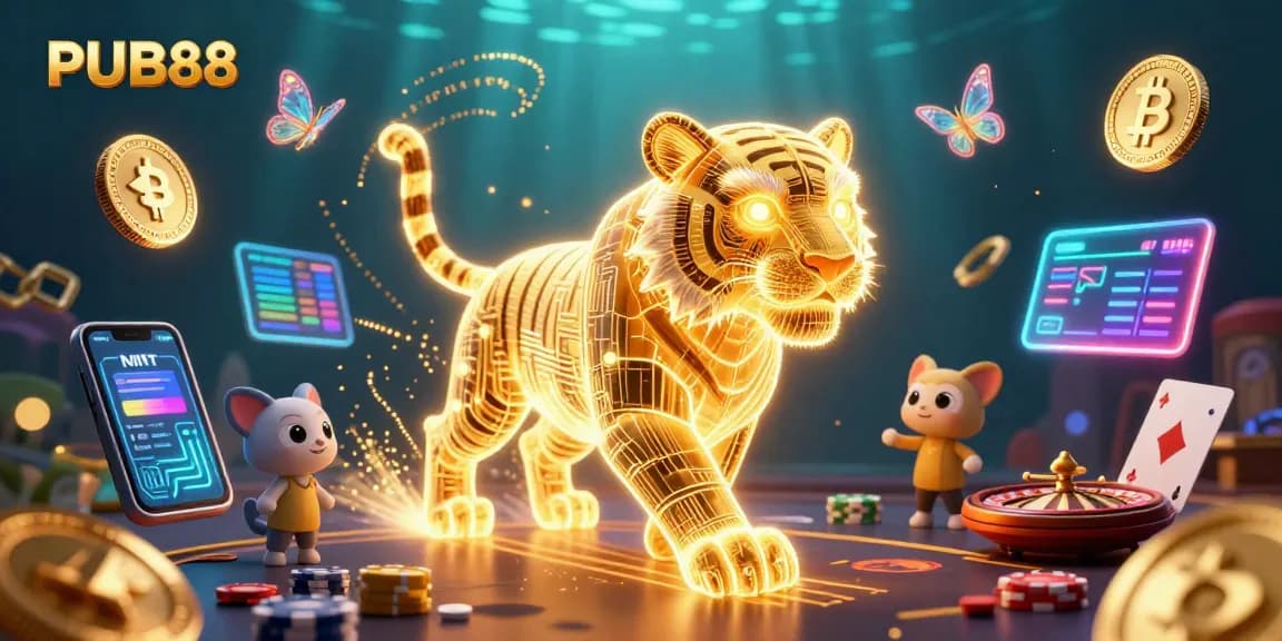Engage with PUB88's vibrant digital casino experience featuring a glowing golden tiger and holographic elements.