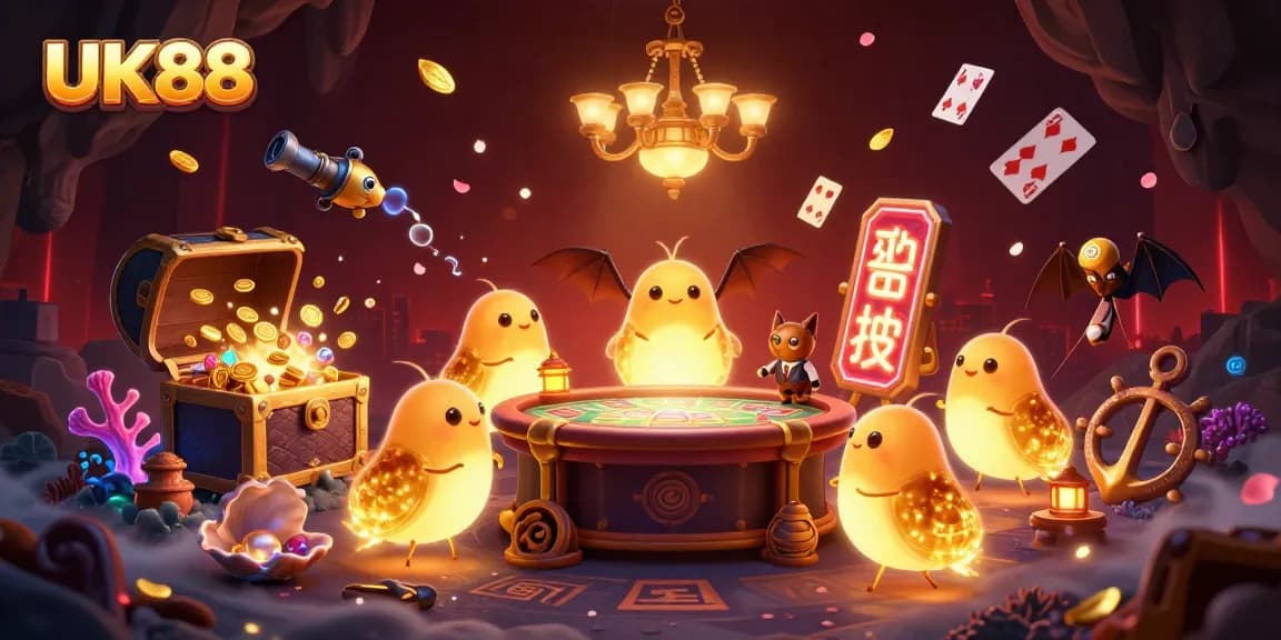 Experience the dazzling lights and excitement of UK88's cave casino through a vibrant 3D illustration.