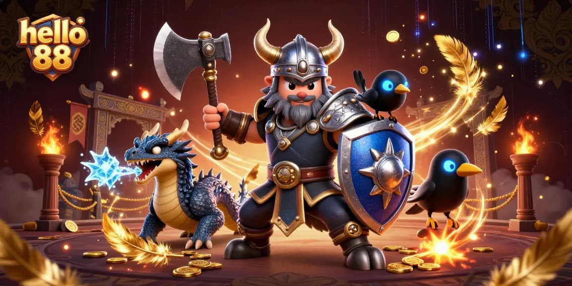 Engage in thrilling betting action with hello 88's Viking warrior and dragon amidst dynamic casino elements.