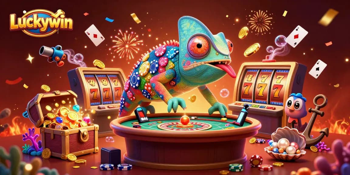 Experience thrilling moments at Luckywin with vibrant games, chameleon host, and dazzling visuals.