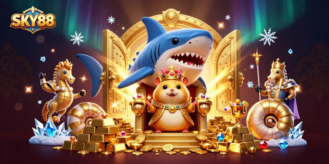 Experience thrilling action at SKY88 with a vibrant casino scene featuring royal characters and treasures.