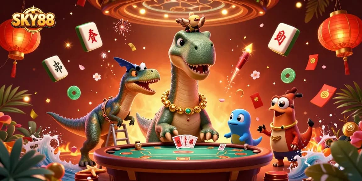 Engage players at SKY88 with a vibrant, dynamic casino scene featuring interactive elements and colorful characters.