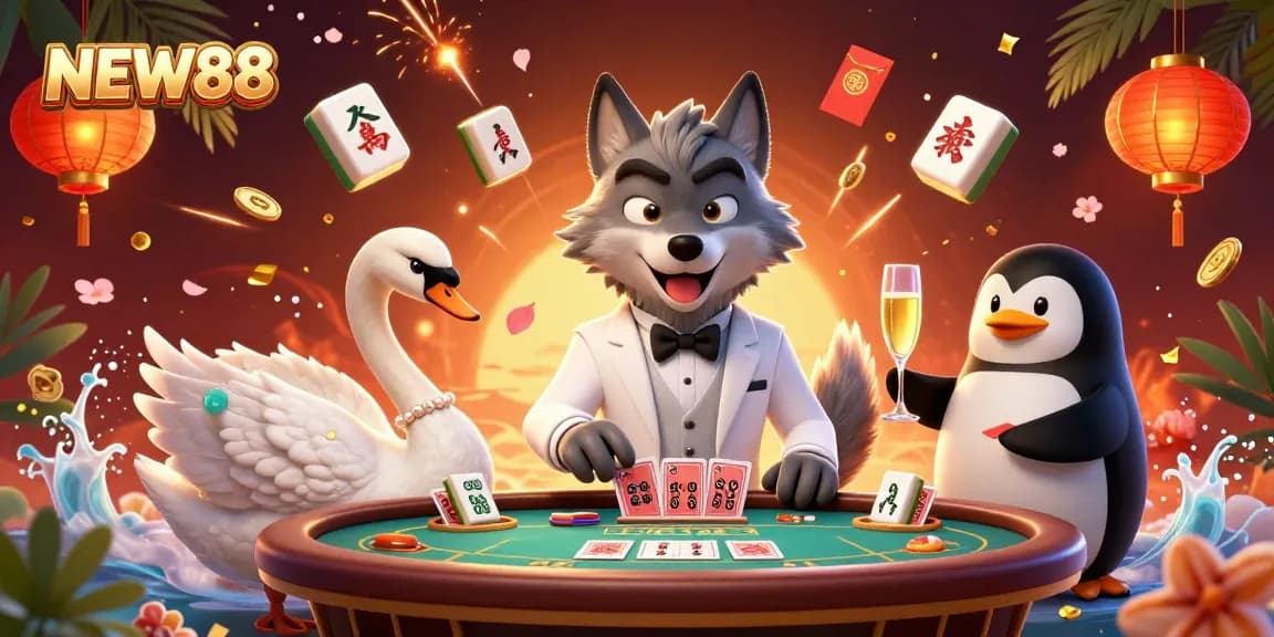 Cherish your luck at NEW88 with animated casino characters featuring a debonair wolf, elegant swan, and penguin sommelier.