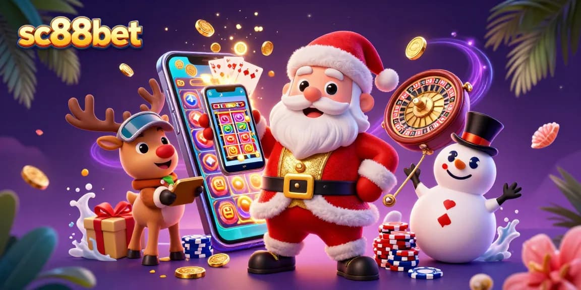 Experience the excitement at sc88bet with Santa Claus and friends in a vibrant casino scene.