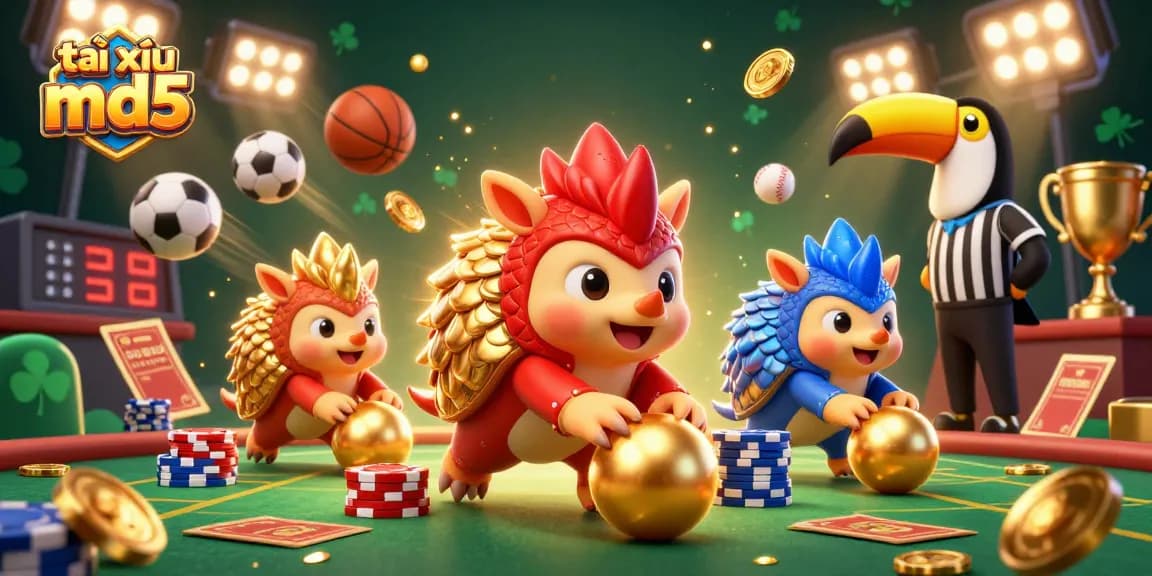 Experience vibrant gameplay dynamics in tài xỉu md5 with armored pangolins bowling dice through stacks of poker chips.