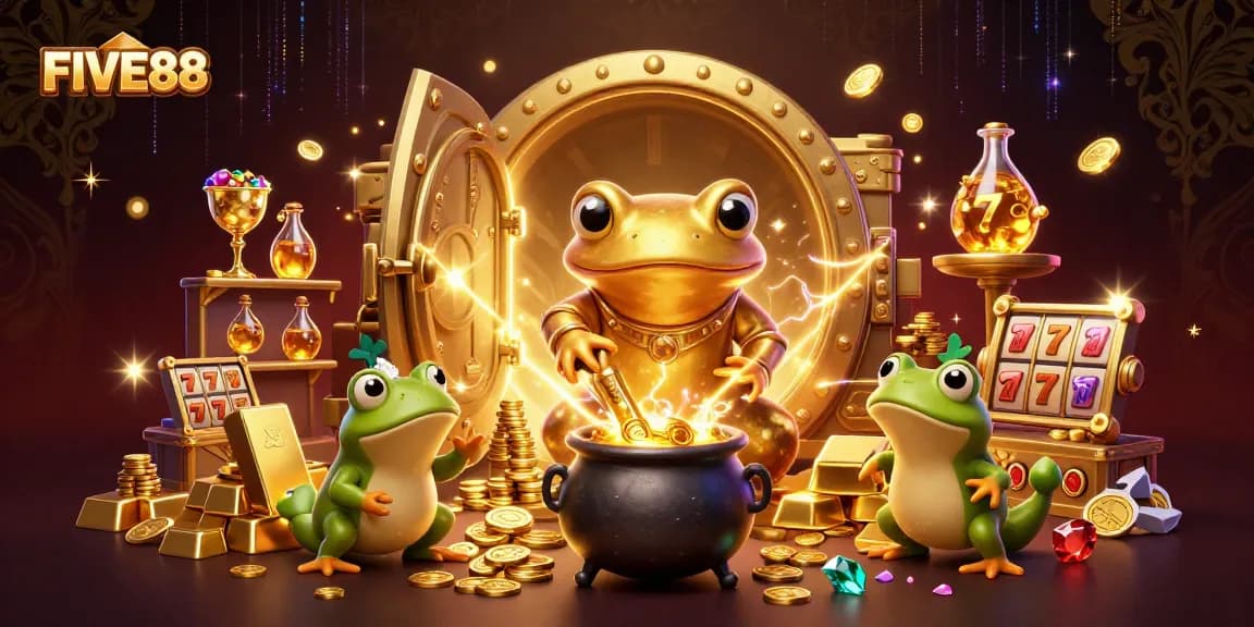 Engage with FIVE88 casino in a rich 3D scene of alchemy and treasure with gold coins and jackpot elements.