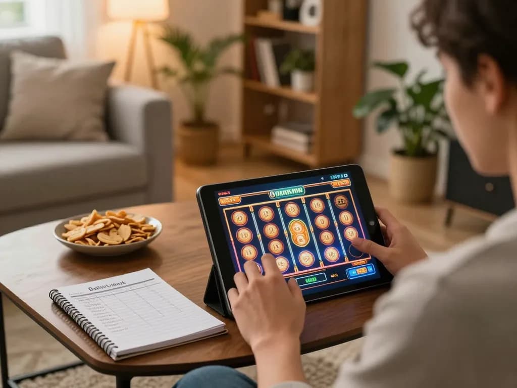 Hitclub player engaging in responsible online slots gaming at home in a cozy ambiance.