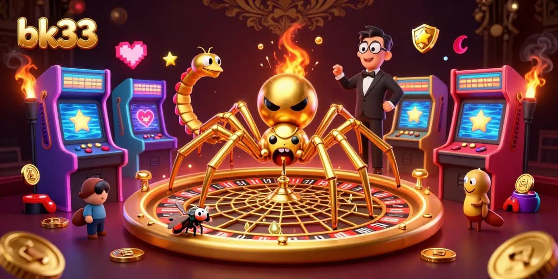 bk33 invites players to bet in a vibrant casino scene with a golden spider and centipede croupier.