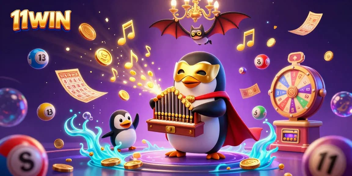Experience the thrill of 11WIN in this vibrant 3D casino illustration featuring a whimsical penguin and dynamic game elements.