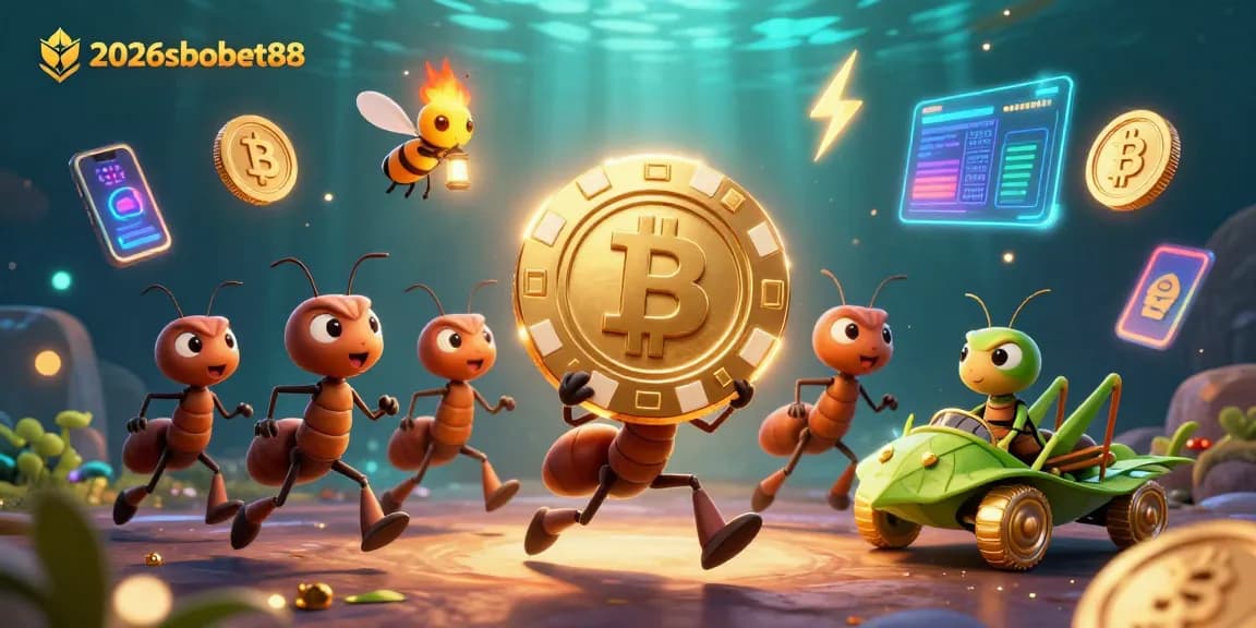 Engage in thrilling 2026sbobet88 gaming with cartoon ants carrying a giant poker chip.
