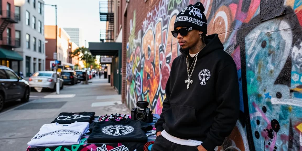Fashionable individual showcasing Chrome Hearts hoodie and sunglasses against urban backdrop.
