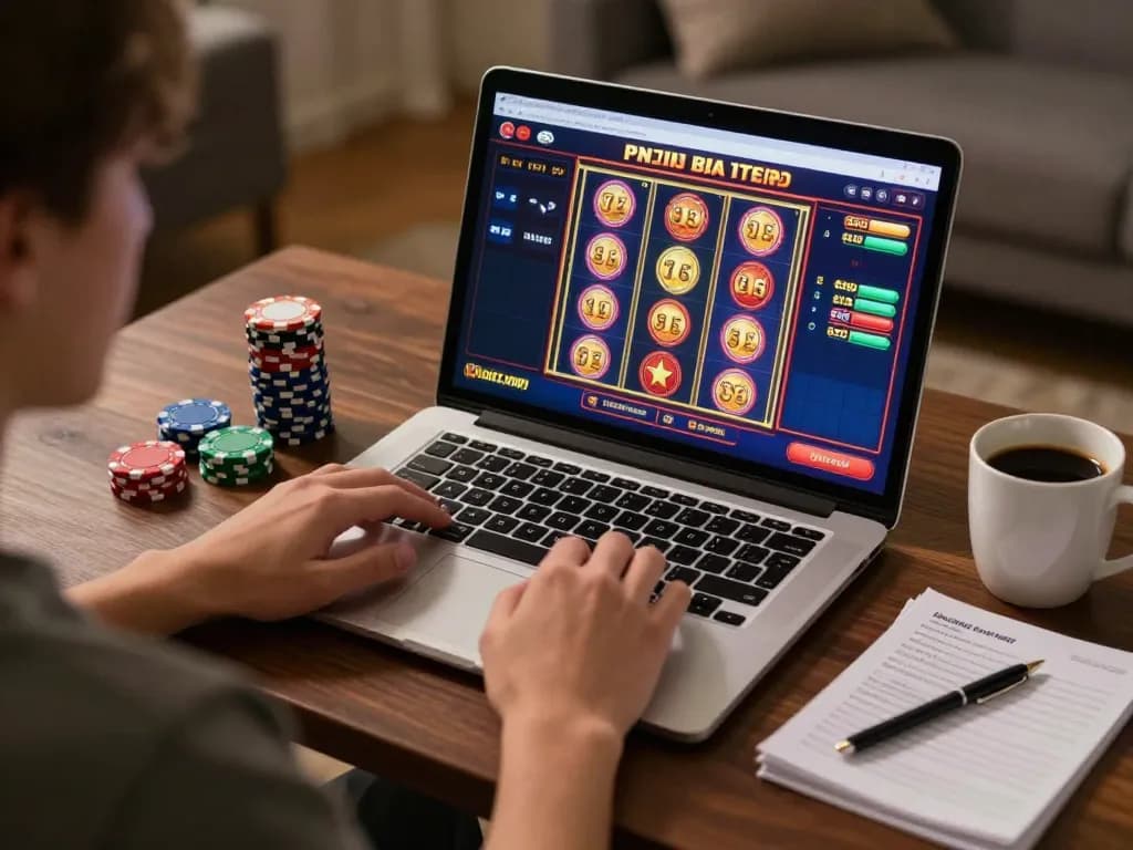 Player enjoying cm888 online slots on a cozy home setup, engaging in responsible gambling.