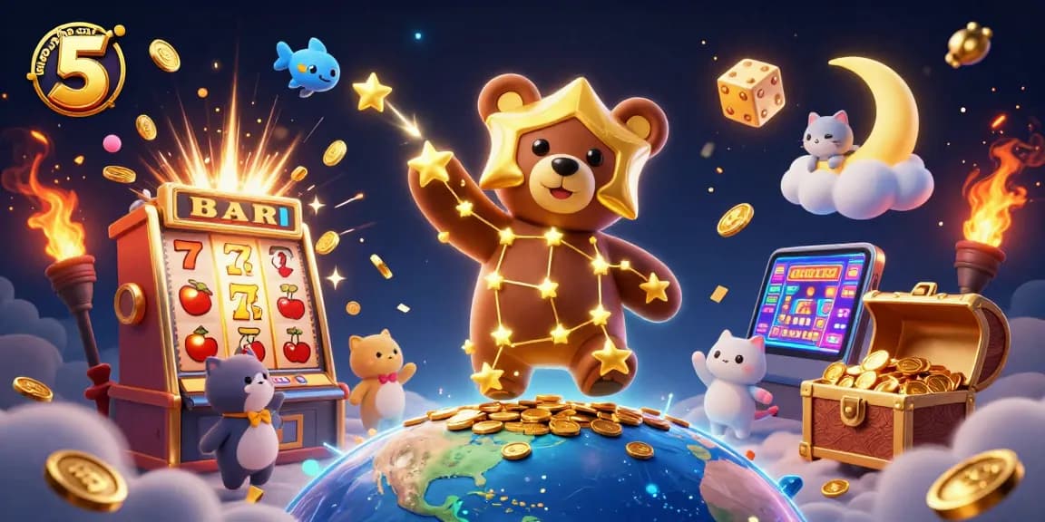 Engage with keo nha cai 5’s vibrant scene of gaming excitement, featuring a constellation bear and jackpot elements.