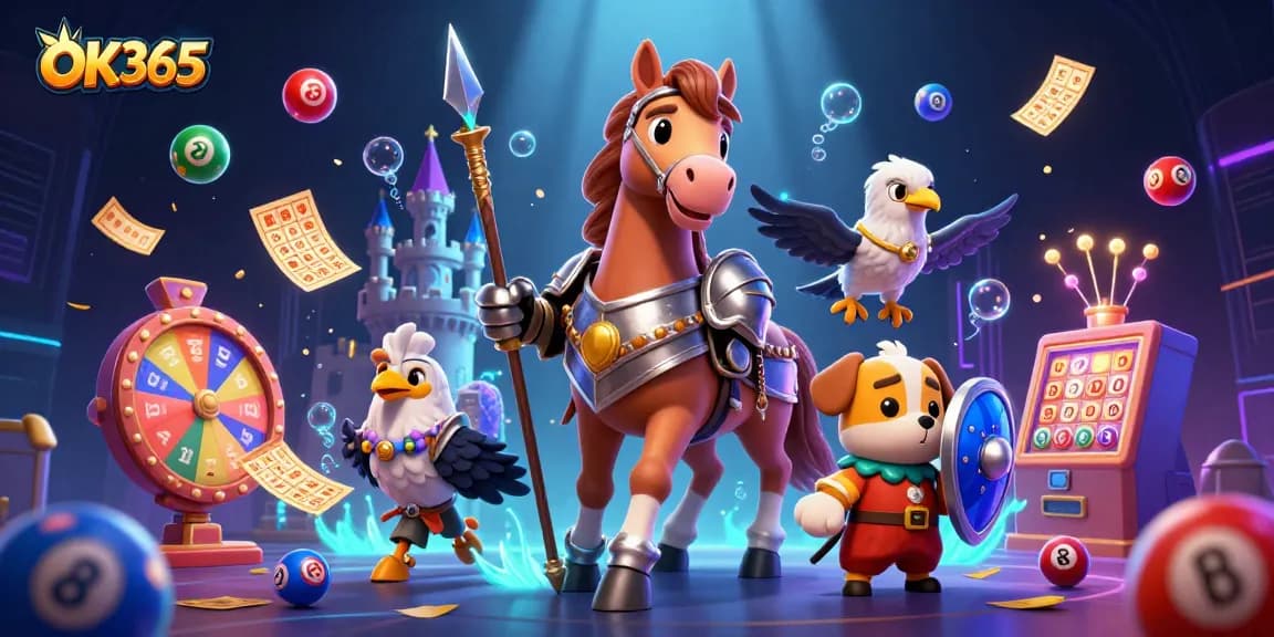 Experience thrilling action at OK365 with a knight, squire, and falcon in a vibrant casino atmosphere.