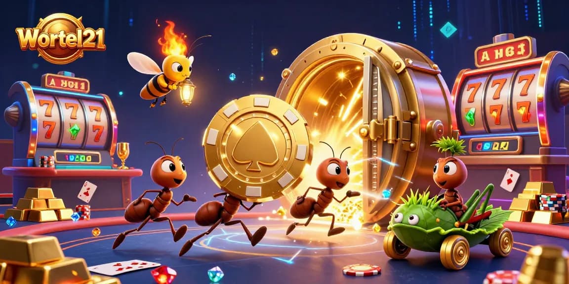 Wortel21 team of ants executing a casino heist while navigating vibrant slot elements and treasures.