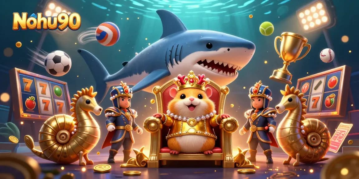 Experience thrilling jackpots at Nohu90 with vibrant visuals featuring a golden hamster king, slot reels, and dynamic sports elements.