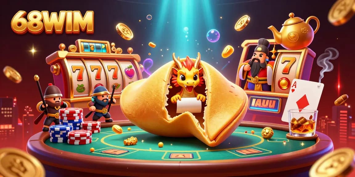Engage with 68WIM's vibrant 3D illustration showcasing dynamic slot gaming elements in an exciting casino atmosphere.