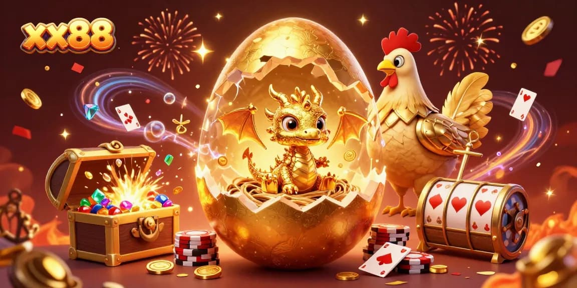 Feel the excitement with xx88 as the golden dragon emerges from a nest of poker chips amidst vibrant casino elements.