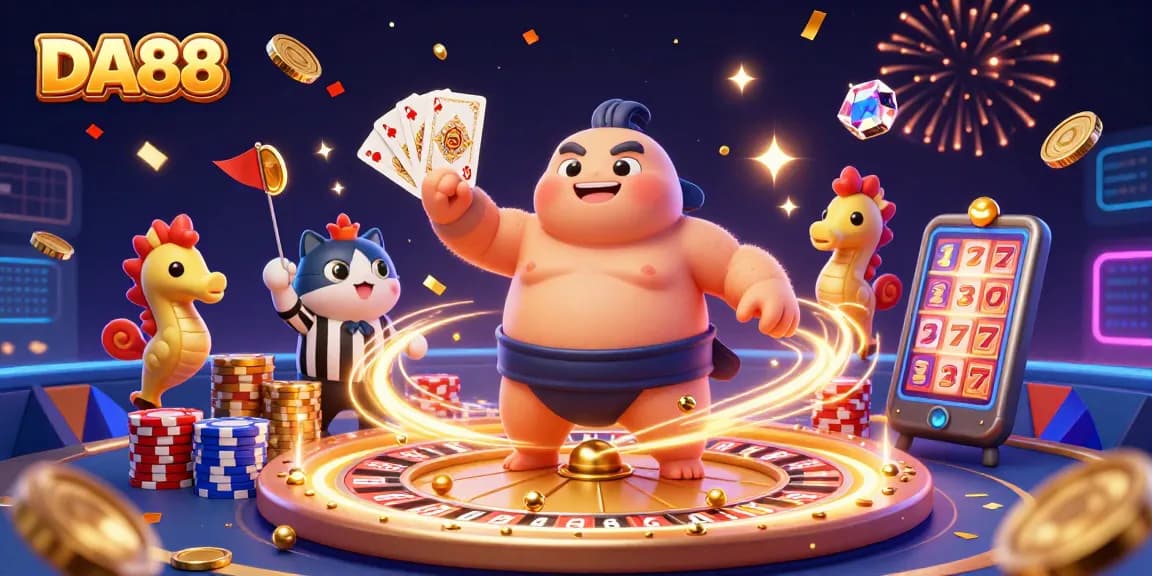 Experience thrilling games at DA88 with vibrant casino elements and underwater characters celebrating.