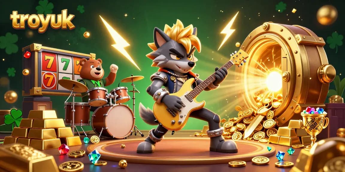 Troyuk reveals thrilling gaming action with vibrant characters in a packed casino scene.