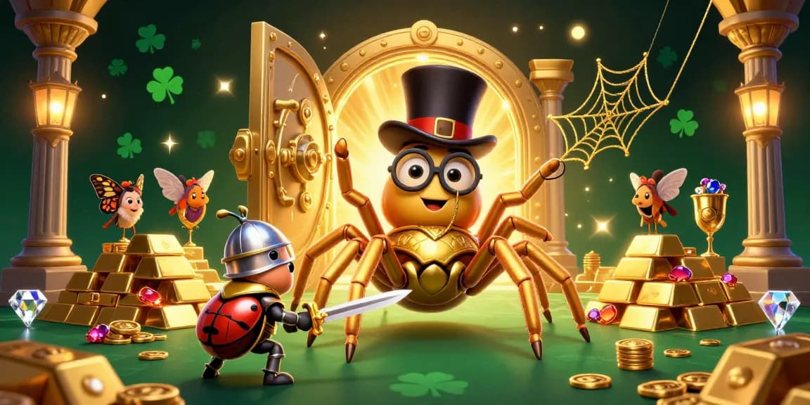 Hitclub showcases a thrilling scene with a golden tarantula and knight amidst dynamic casino treasures.