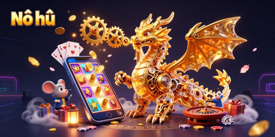 Nổ hũ spinning reels erupting golden coins and cards in a dynamic casino scene.