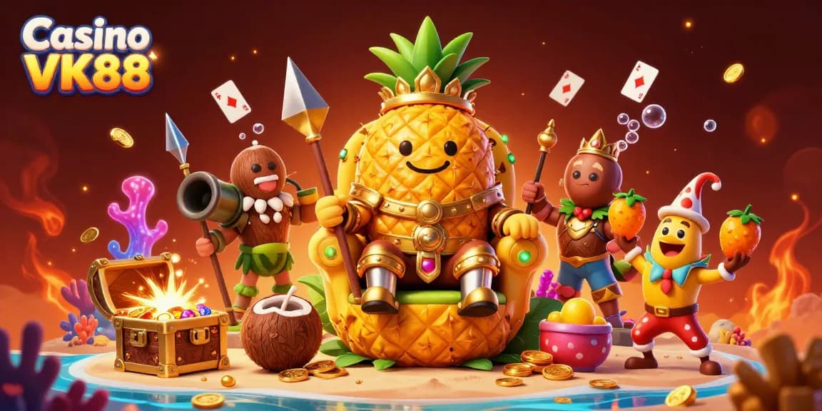 Experience the vibrant Casino VK88 scene with the golden pineapple king and dynamic gaming elements.