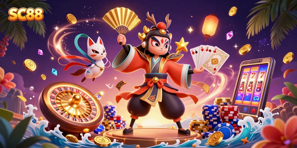 Engage with SC88 as kabuki warriors and magical elements surround golden coins and casino icons.