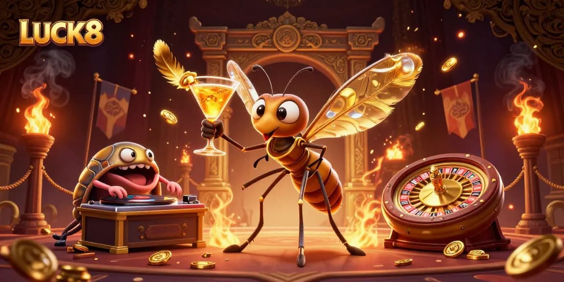 LUCK8 casino art with a frozen mosquito mascot, trilobite DJ, and ammonite roulette wheel.