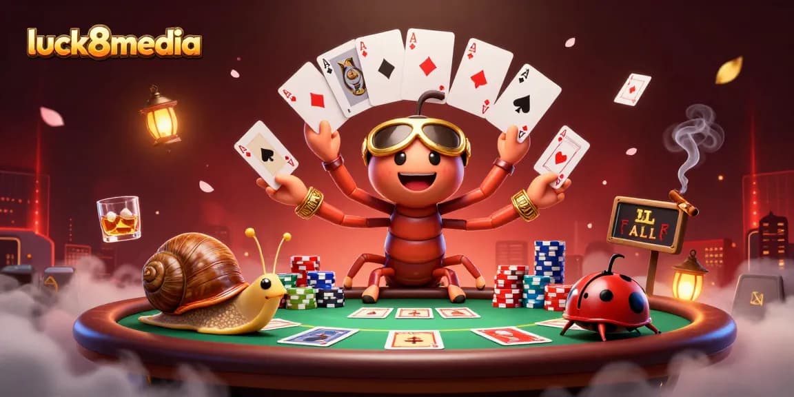 Luck8media showcases an energetic casino scene with a millipede dealer and colorful poker elements.