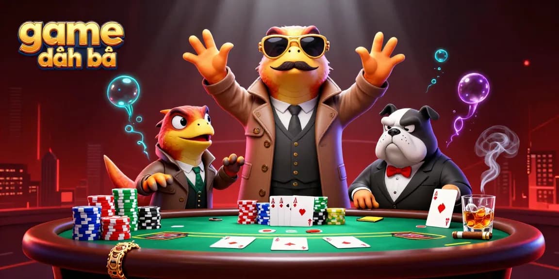 Experience game đánh bài with raptors in disguise at a cartoon casino lounge.