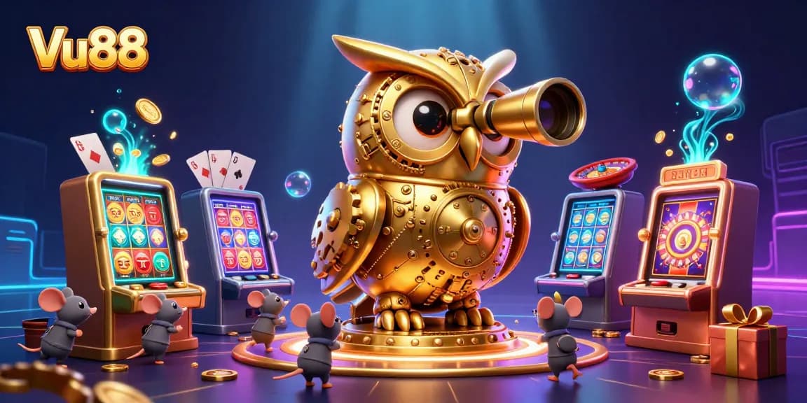 Experience the thrill of casino excitement as Vu88's golden owl oversees a vibrant gaming floor.