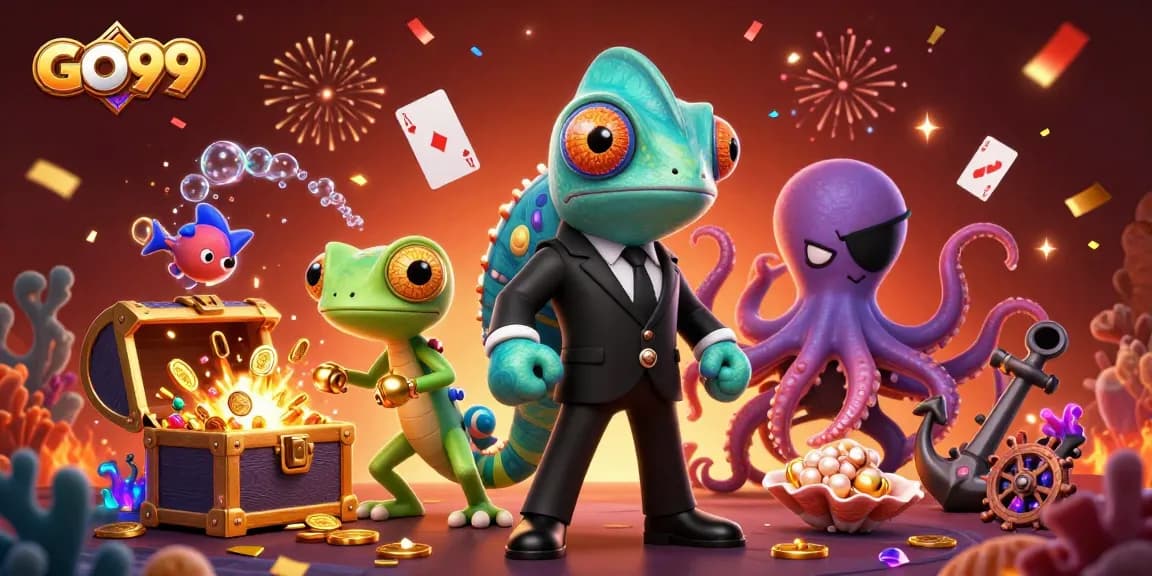 Engage with GO99 through thrilling gaming experiences featuring colorful 3D characters and vibrant casino elements.