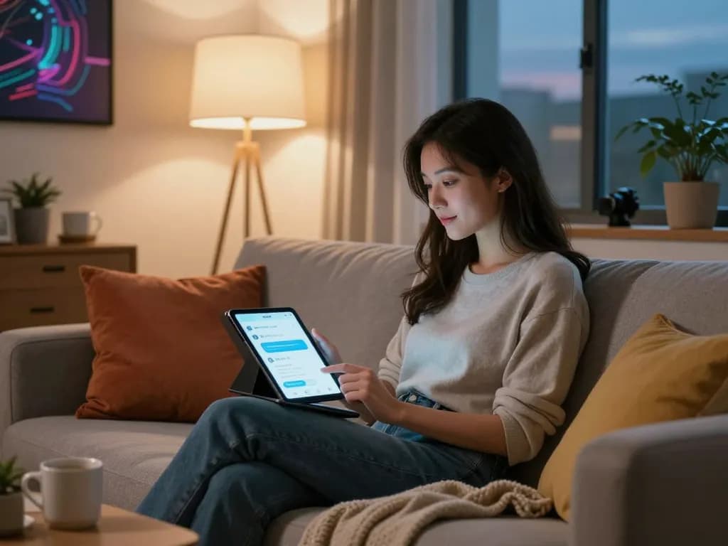 Engaging with an AI girlfriend chatbot in a cozy living room setting, surrounded by warm decor.