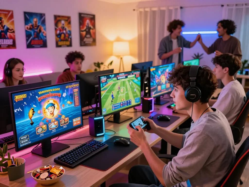 Exciting hitclub gaming scene with diverse players in a vibrant living room, showcasing online gaming experiences.