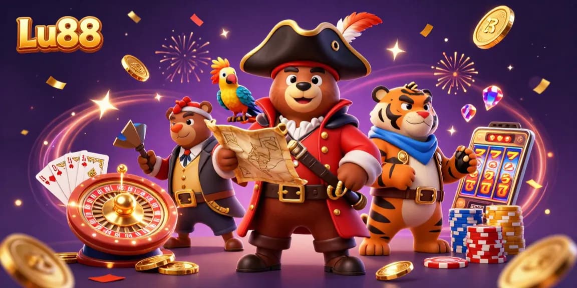 Experience the excitement of Lu88 with a lively scene of themed casino characters surrounded by winning elements.