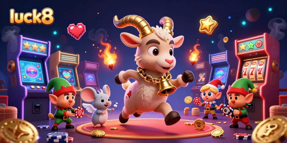 Engage in exciting slots at luck8, where festive characters animate a vibrant casino scene.